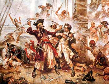 Le Duel entre le pirate Barbe-Noire et le lieutenant Maynard  Ocracoke - peinture de Jean Lon Grome FERRIS (8 aot 1863 - 18 mars 1930)
